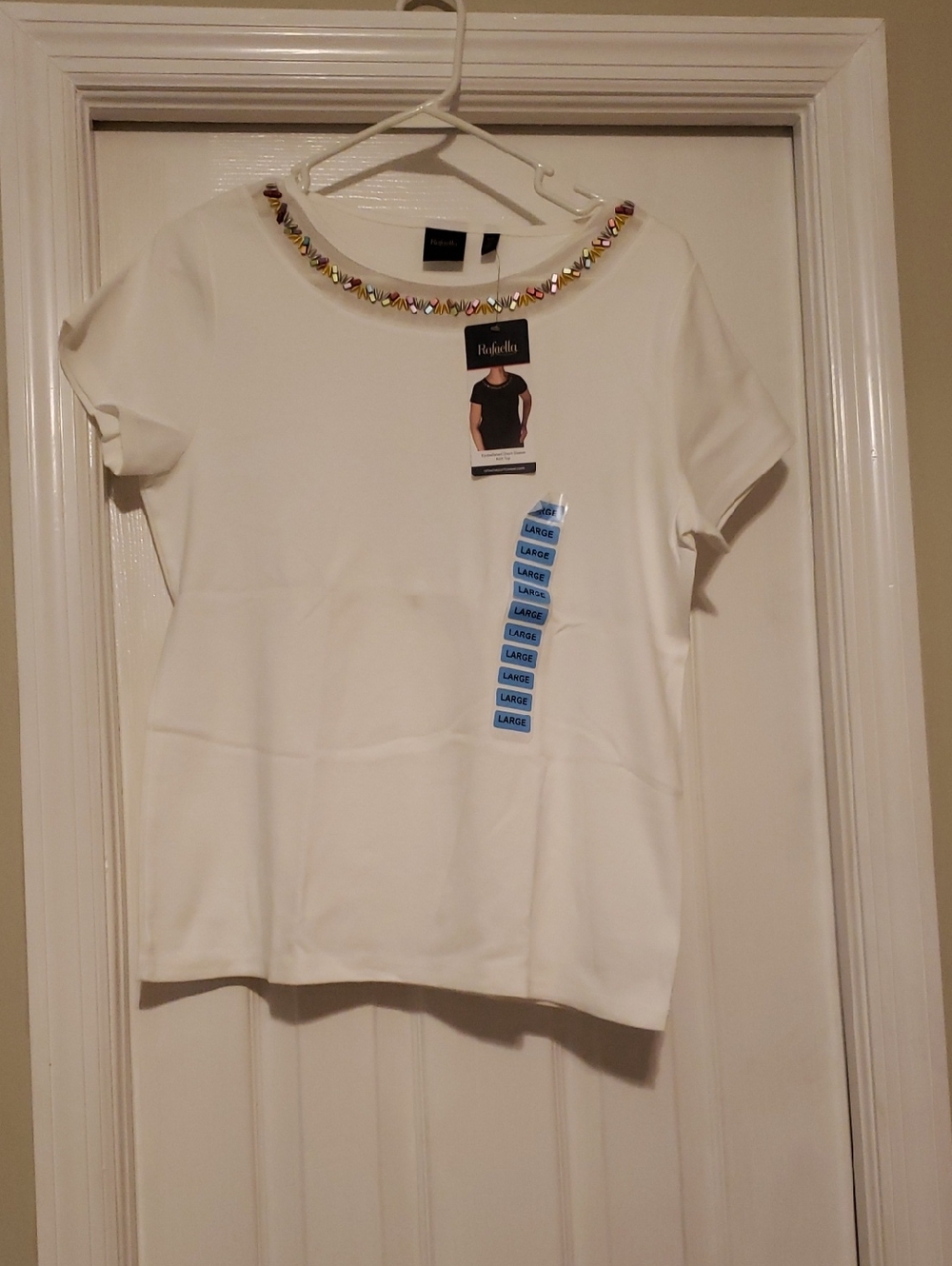 NWT-Rafaella Snow White Short-Sleeve Crewneck Top with Jeweled Neckline